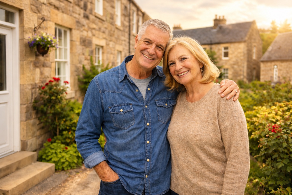 Happy couple outside their Scottish home