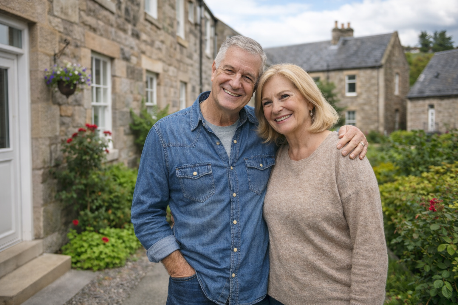 Happy couple outside their Scottish home
